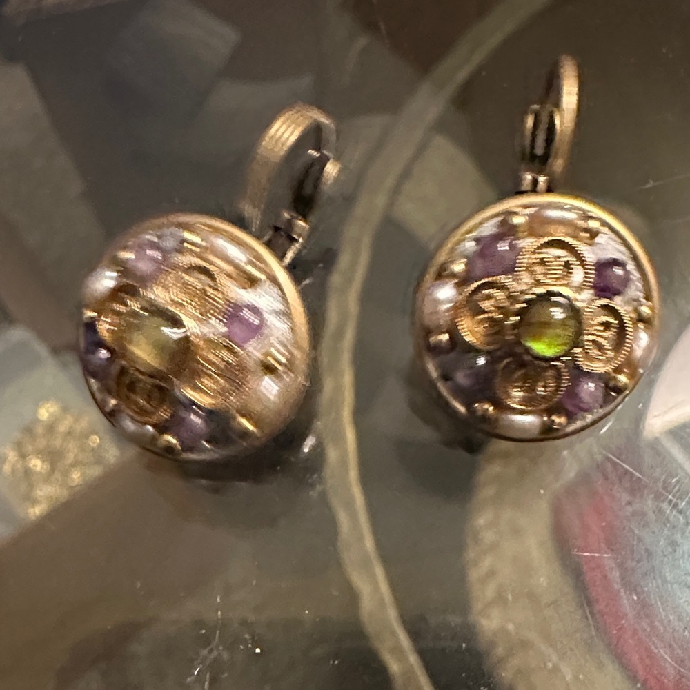 Michal Golan Amethyst and Abalone Circle Earrings Gold-Tone Floral Drop Green